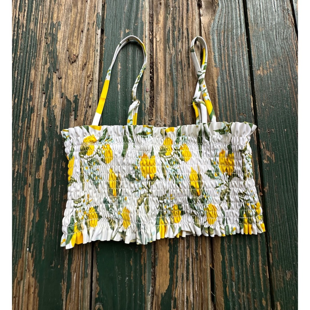 Cabana del Sol Lemon Floral Smocked Bikini Top Yellow White Small 10560-K677